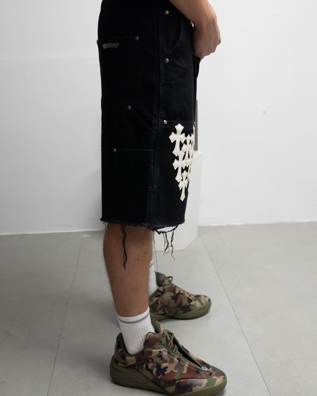 White Cross Patch Black Jean Shorts™