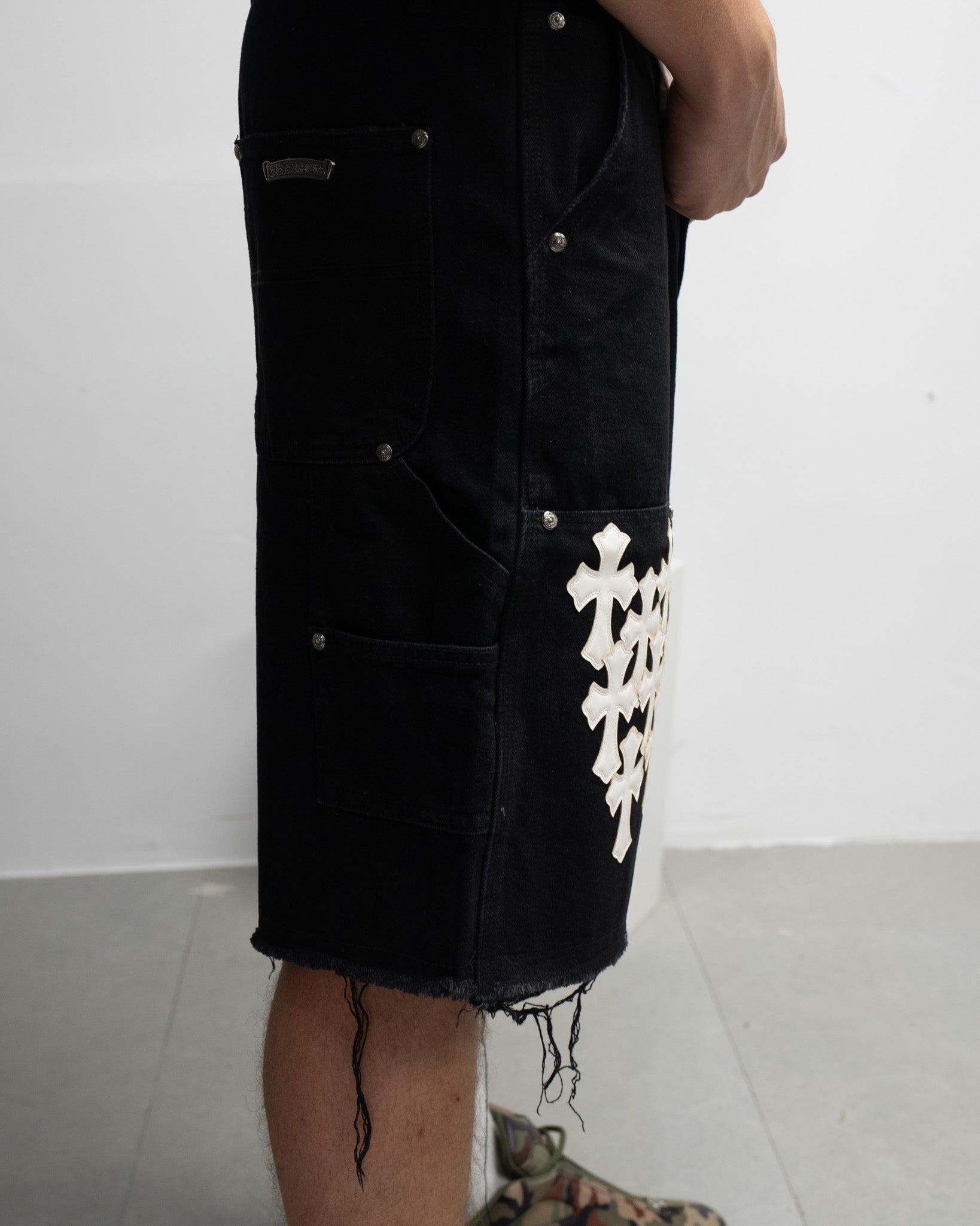 White Cross Patch Black Jean Shorts™