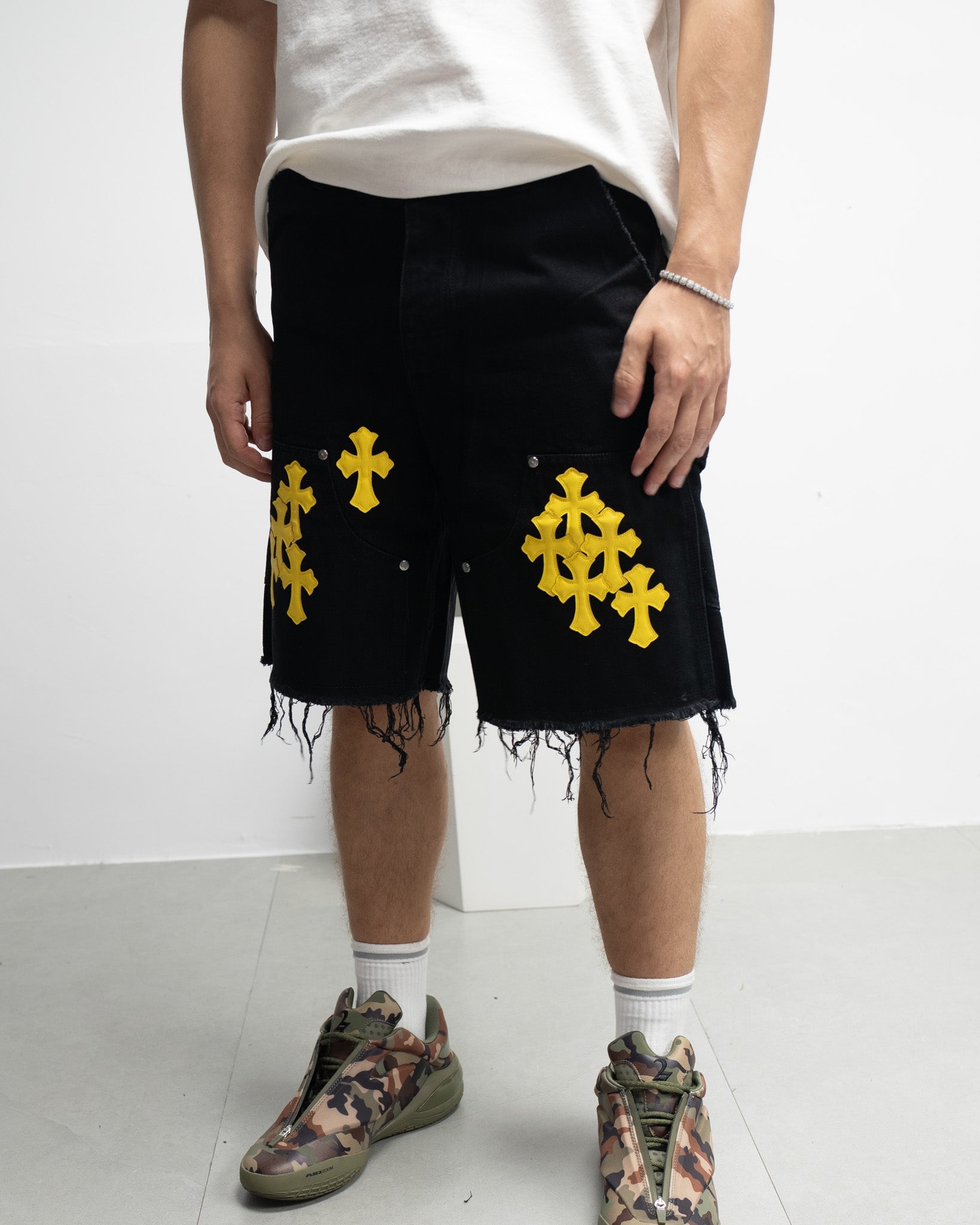 Yellow Cross Patch Black Jean Shorts™