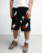 Red & White Cross Patch Black Jean Shorts™