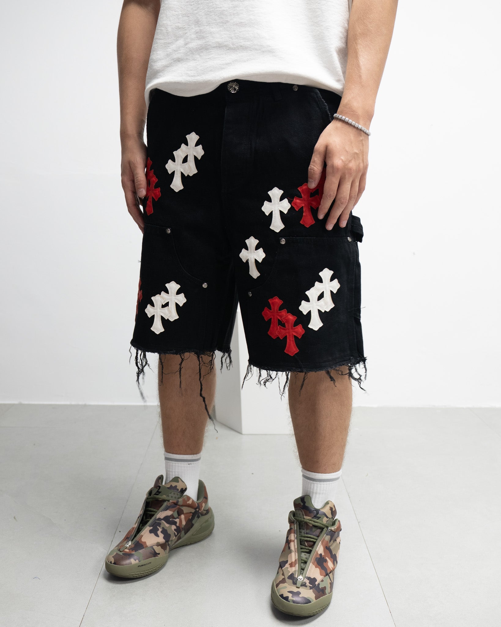 Red & White Cross Patch Black Jean Shorts™