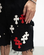 Red & White Cross Patch Black Jean Shorts™