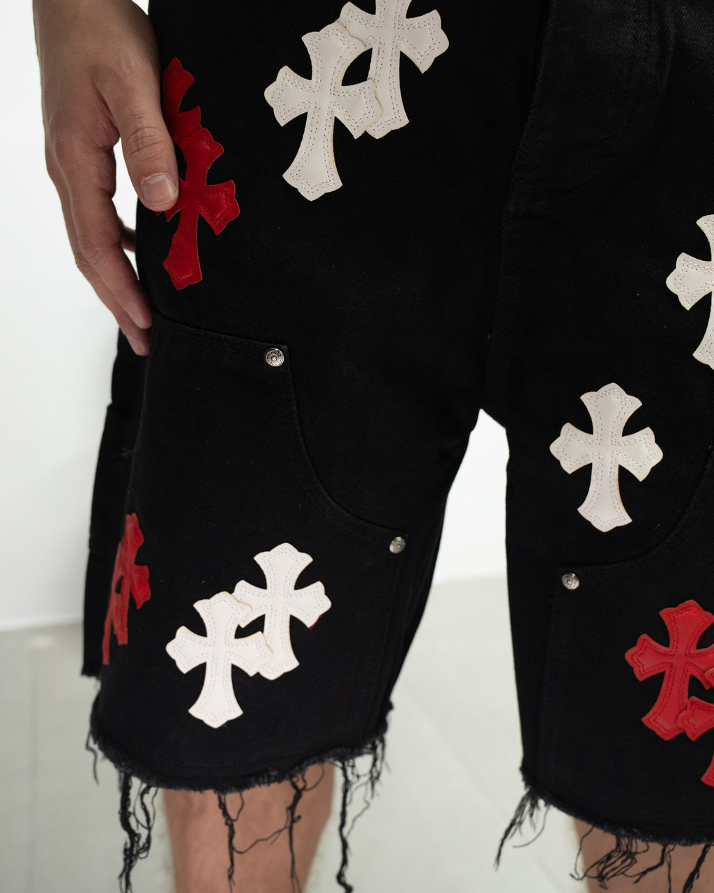 Red & White Cross Patch Black Jean Shorts™