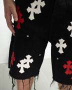 Red & White Cross Patch Black Jean Shorts™