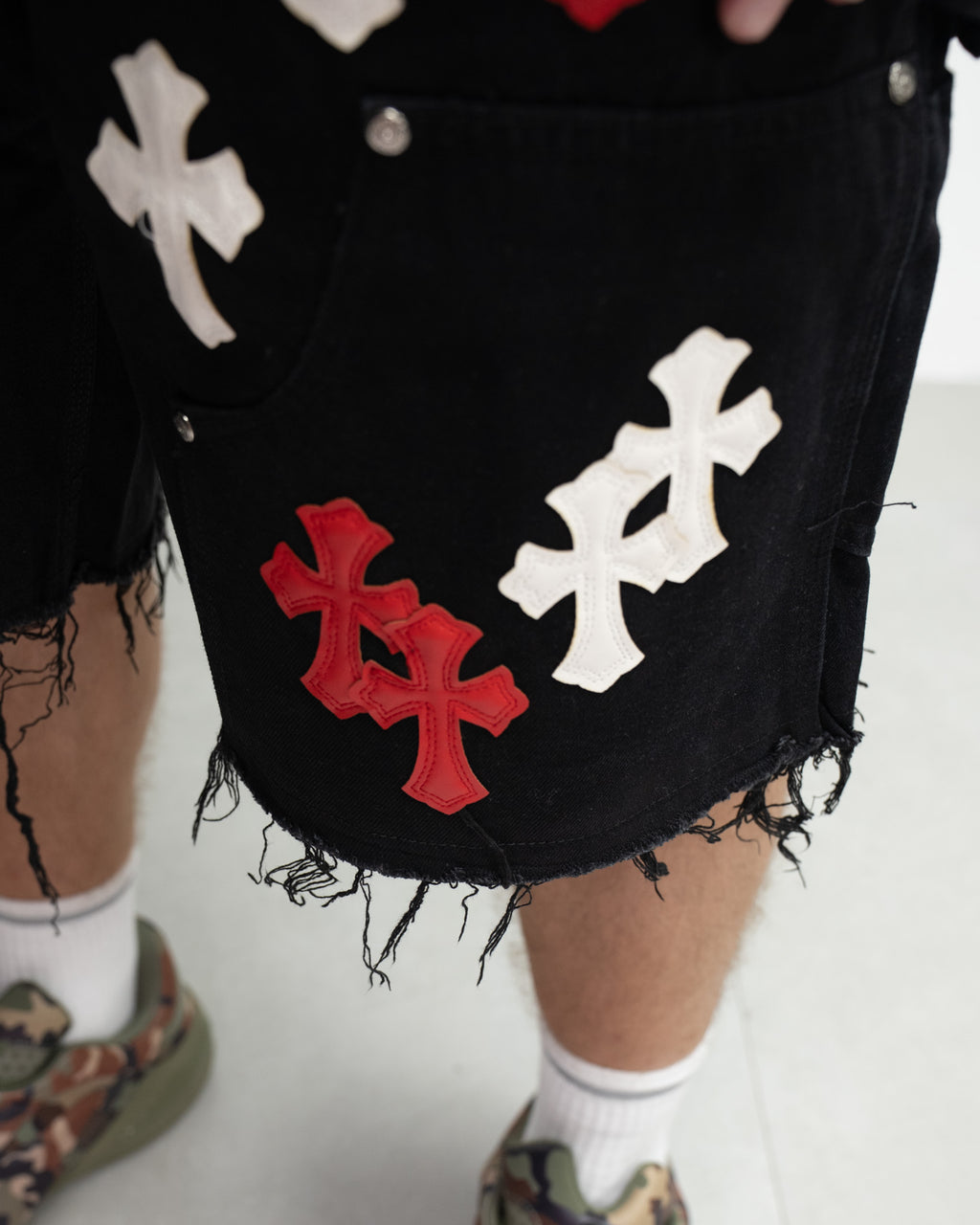 Red & White Cross Patch Black Jean Shorts™