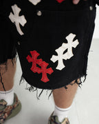 Red & White Cross Patch Black Jean Shorts™