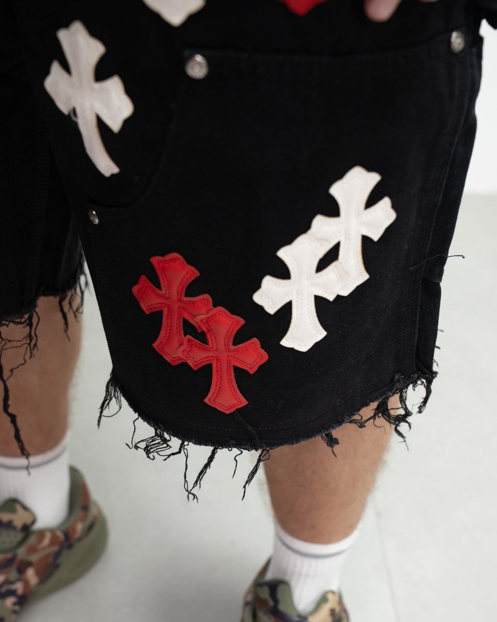 Red & White Cross Patch Black Jean Shorts™