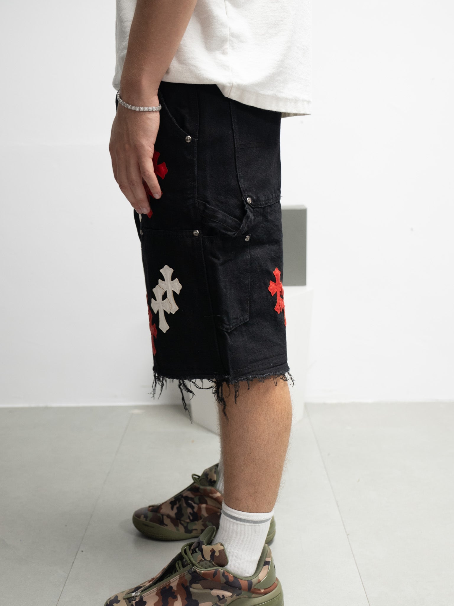 Red & White Cross Patch Black Jean Shorts™