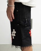 Red & White Cross Patch Black Jean Shorts™