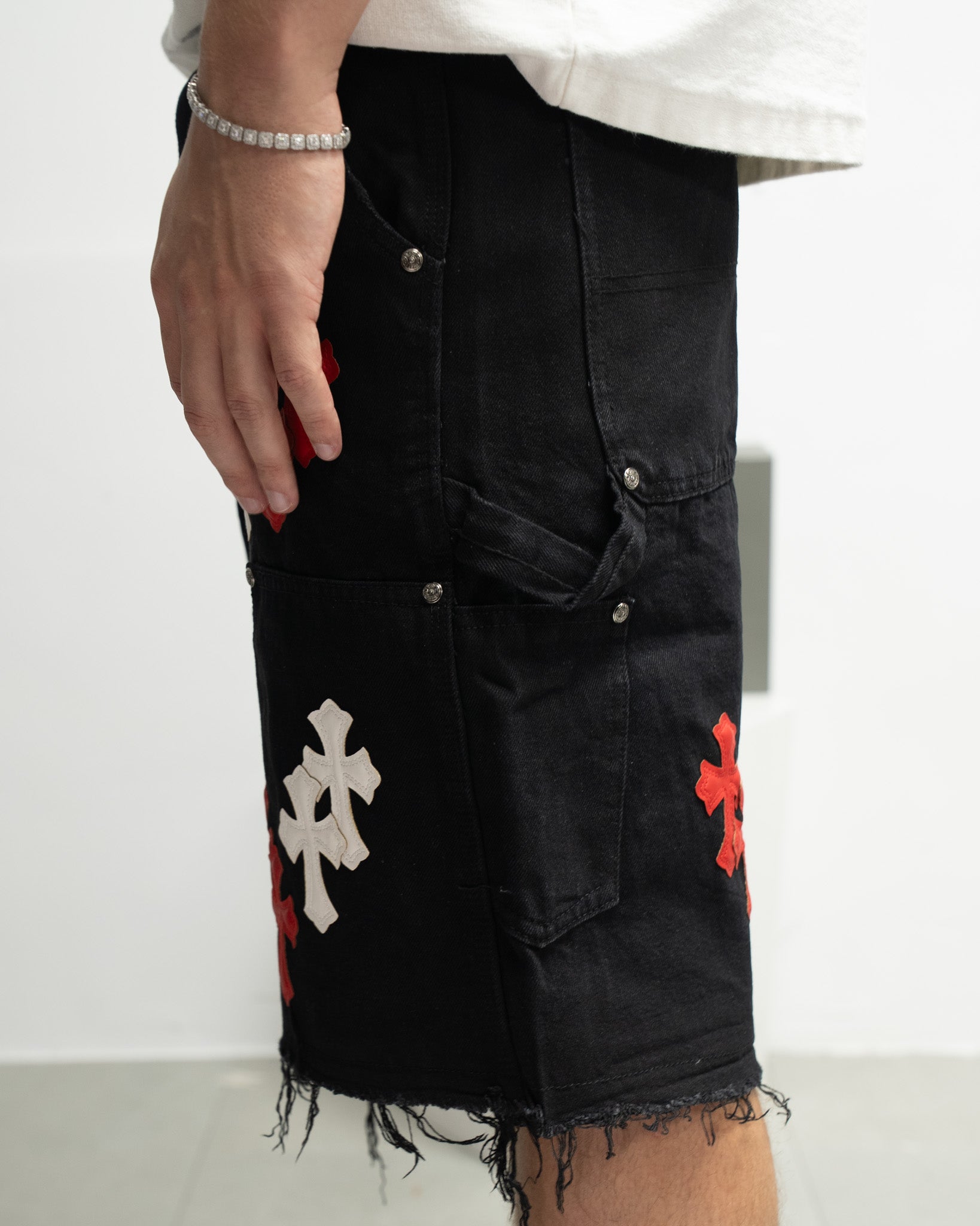 Red & White Cross Patch Black Jean Shorts™