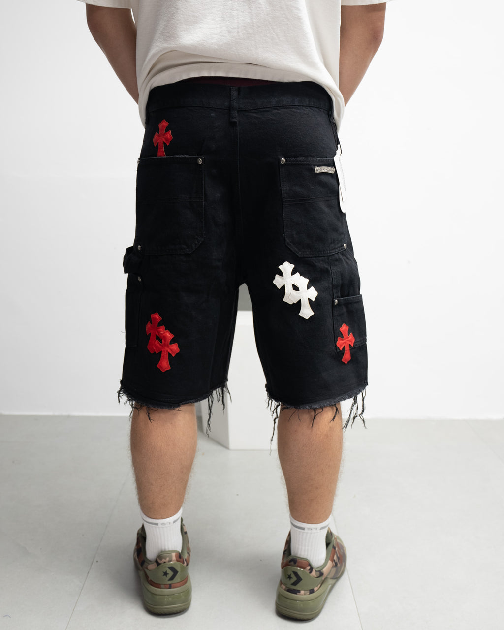 Red & White Cross Patch Black Jean Shorts™