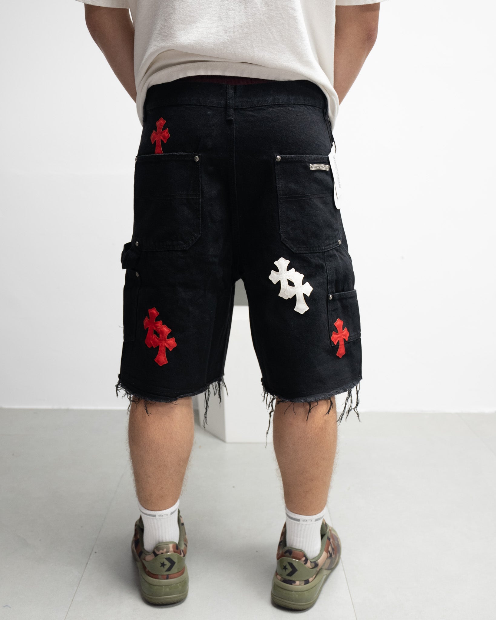 Red & White Cross Patch Black Jean Shorts™