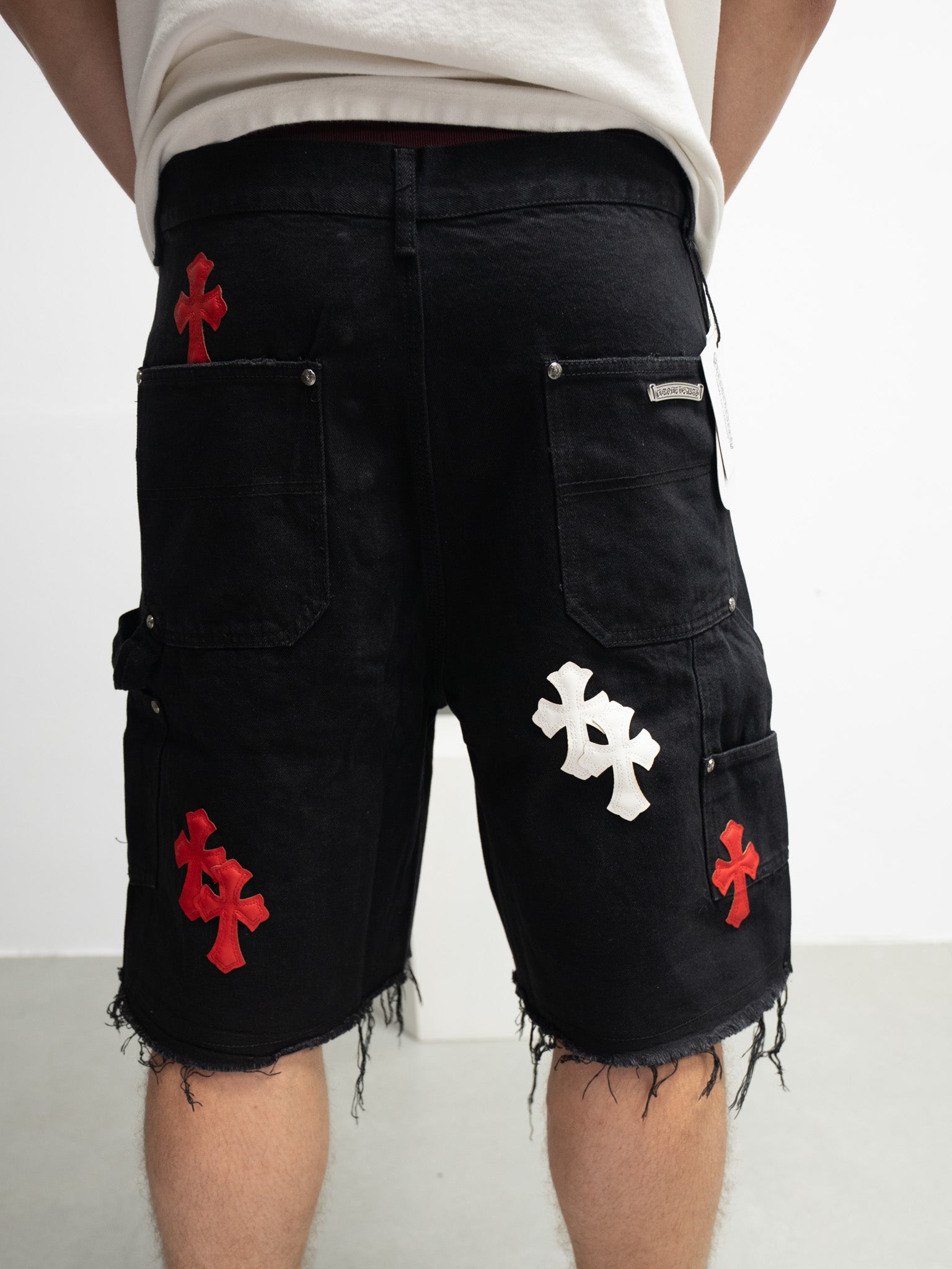 Red & White Cross Patch Black Jean Shorts™