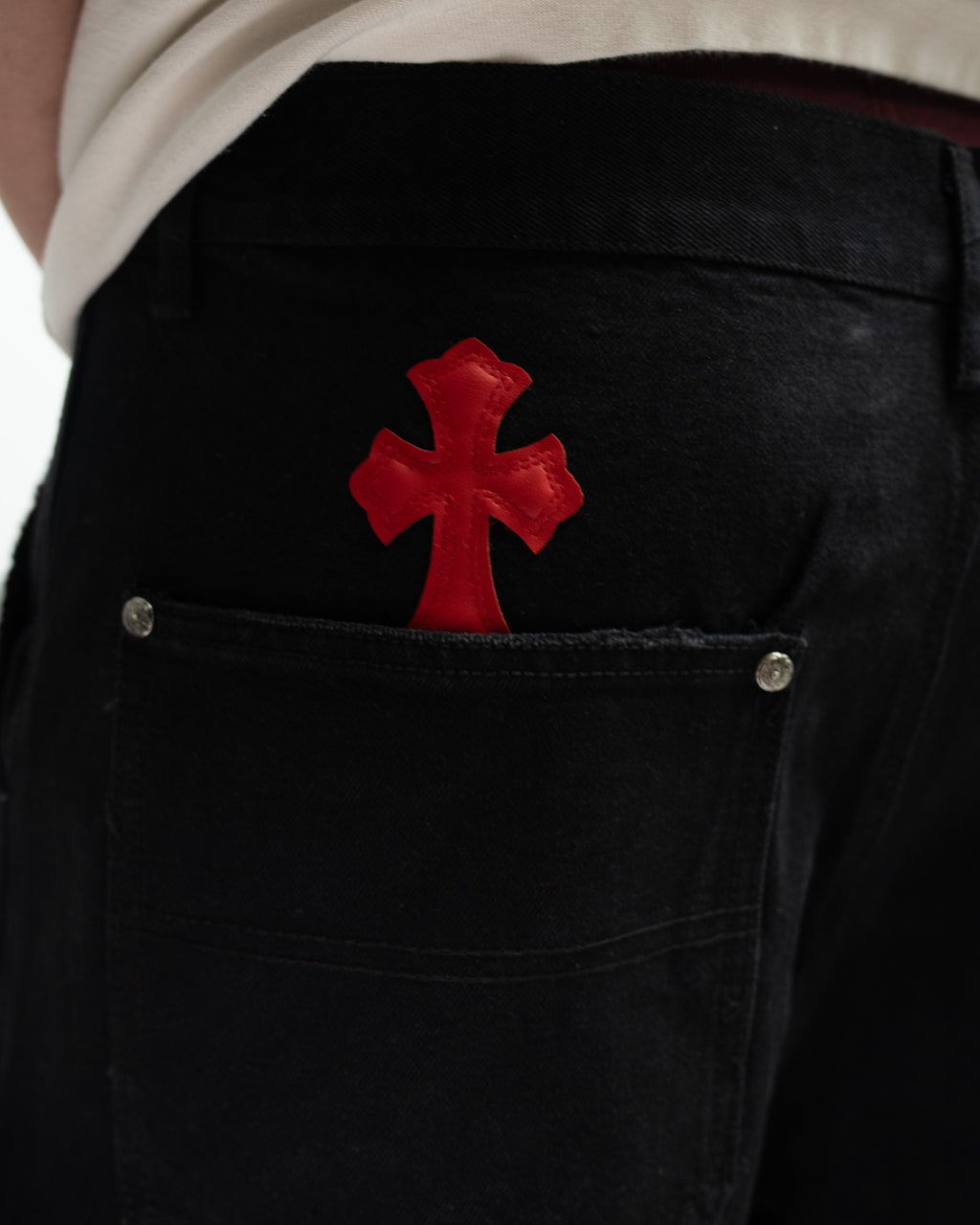 Red & White Cross Patch Black Jean Shorts™