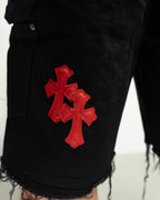 Red & White Cross Patch Black Jean Shorts™