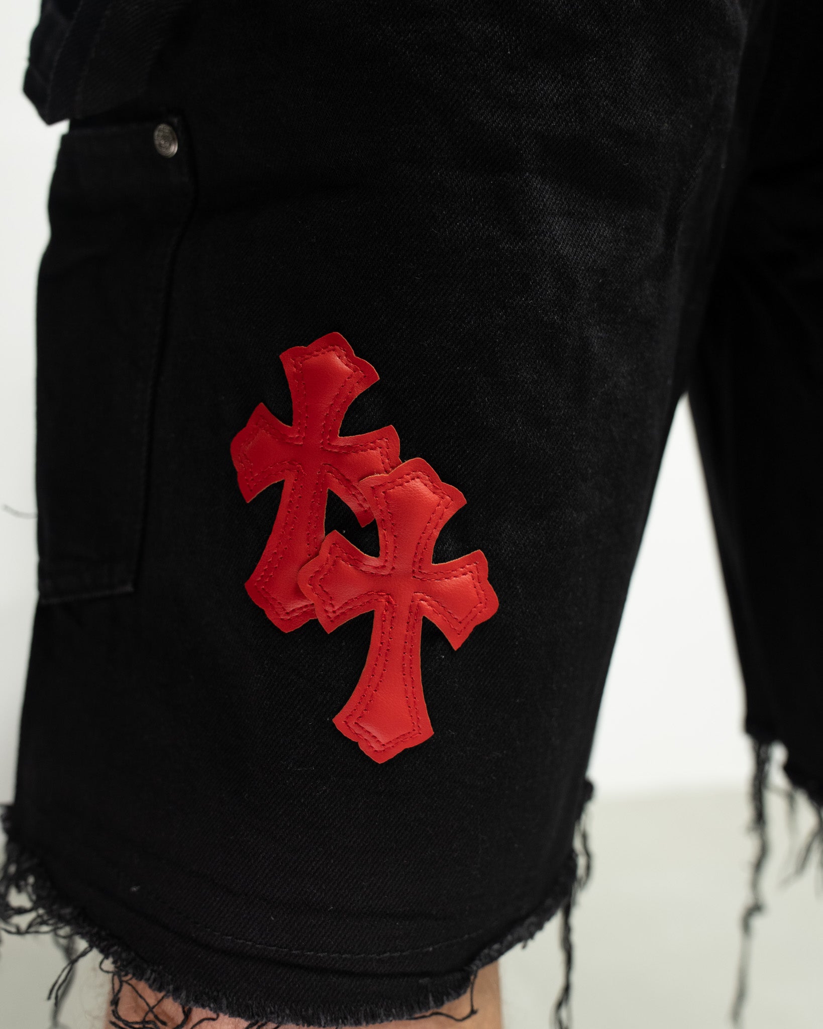 Red & White Cross Patch Black Jean Shorts™