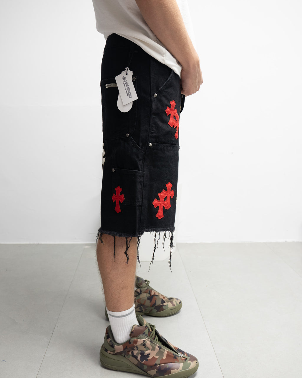 Red & White Cross Patch Black Jean Shorts™