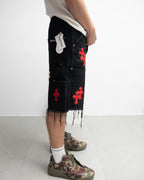Red & White Cross Patch Black Jean Shorts™