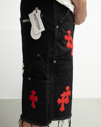 Red & White Cross Patch Black Jean Shorts™