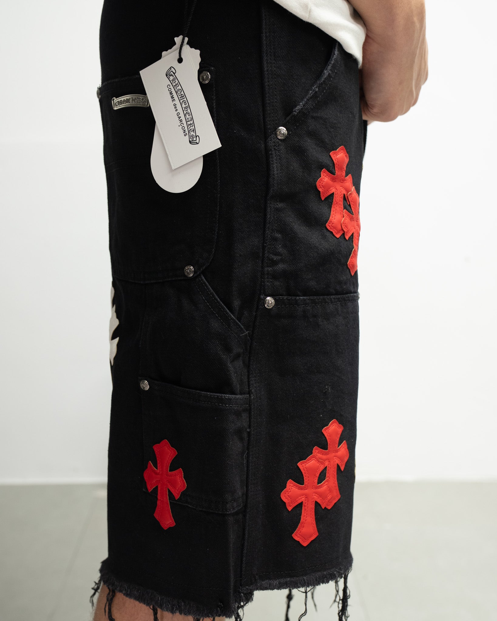 Red & White Cross Patch Black Jean Shorts™