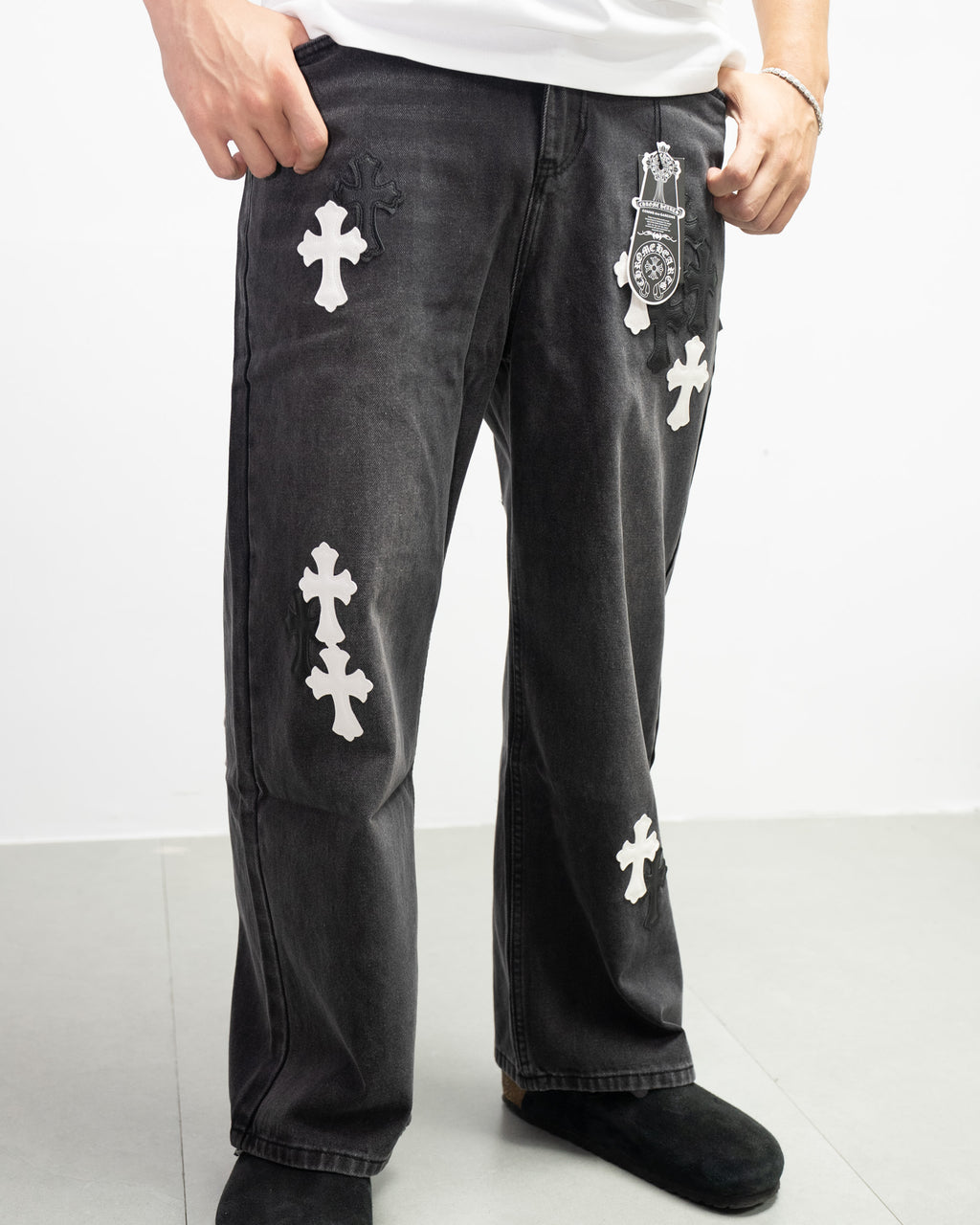 White & Black Cross Patch Grey Jeans™