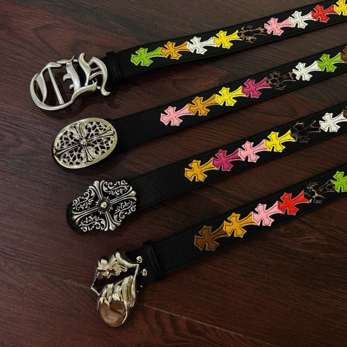 Multicolor Crosses Black Leather Belt™
