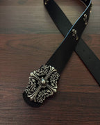 Ornamental Cross Buckle Black Leather Belt™