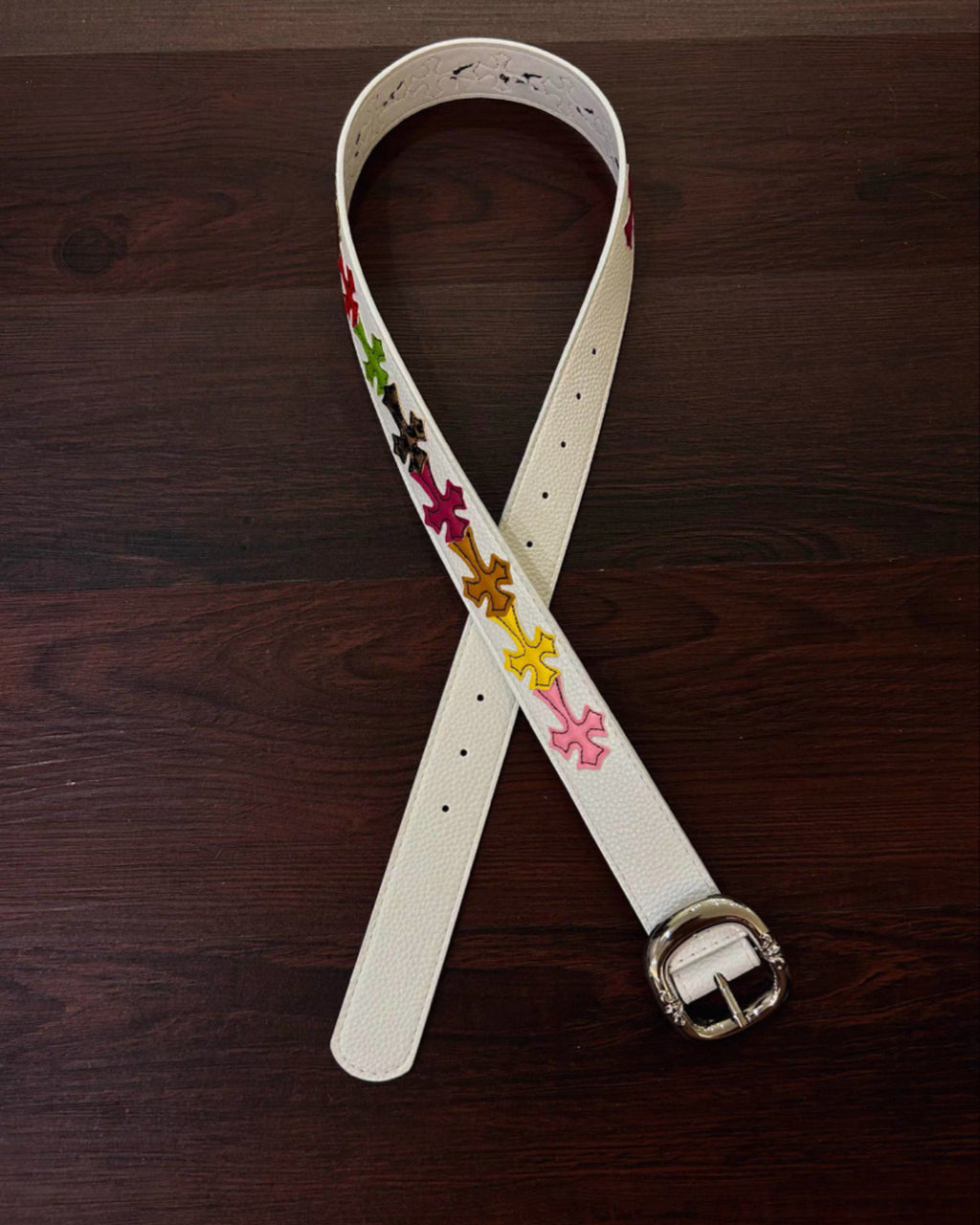 Multicolor Crosses White Leather Belt™