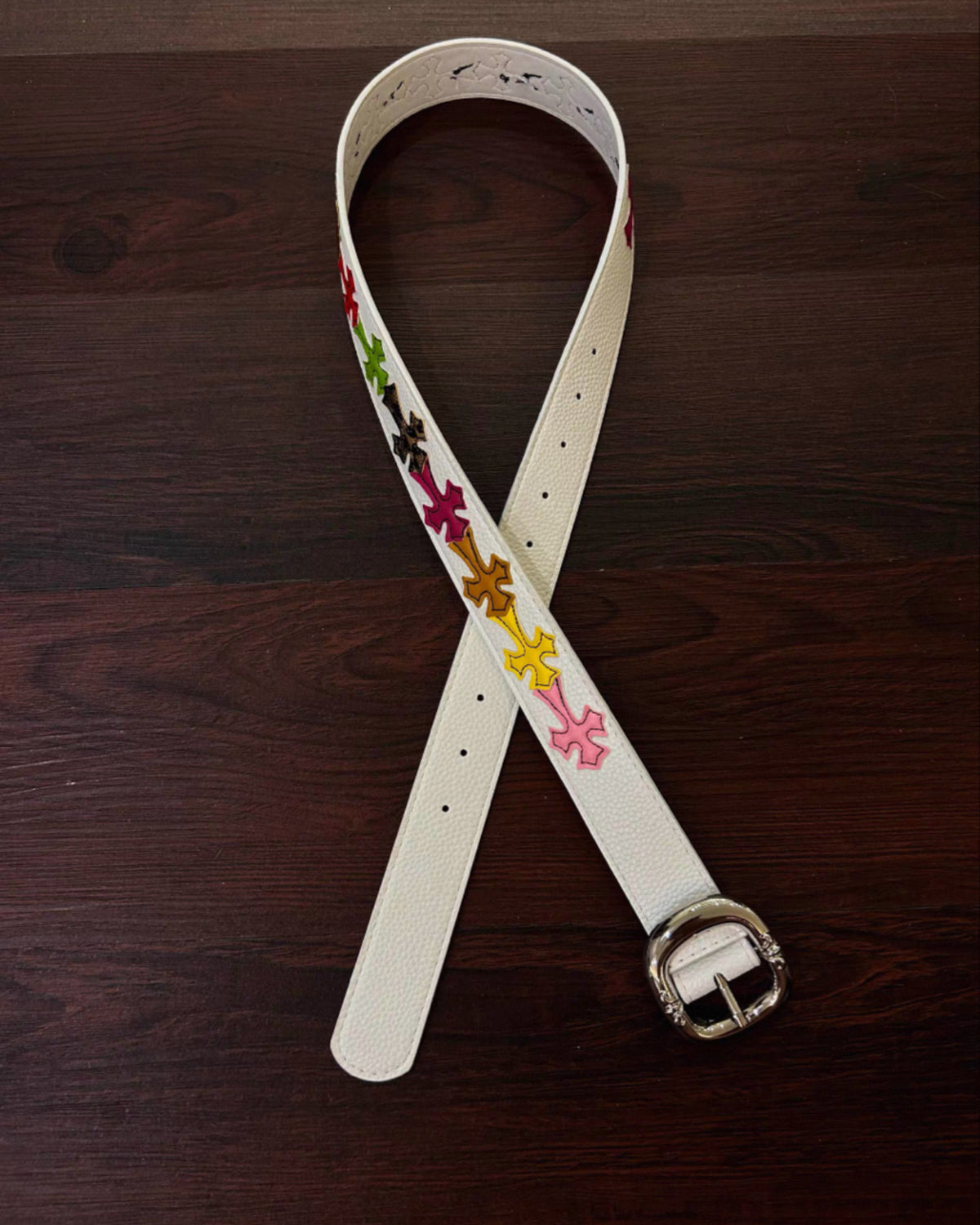 Multicolor Crosses White Leather Belt™