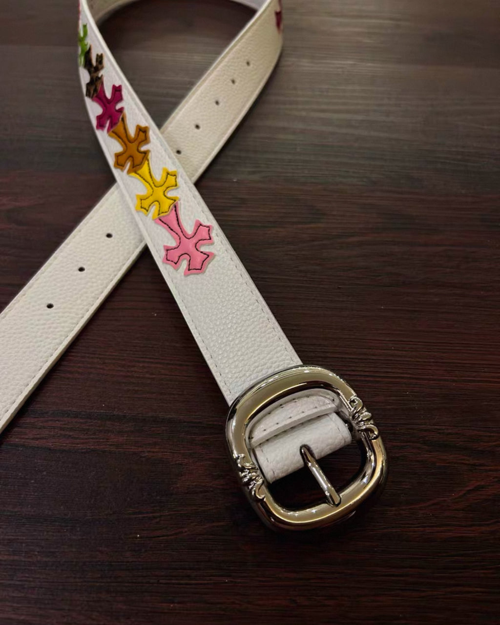 Multicolor Crosses White Leather Belt™