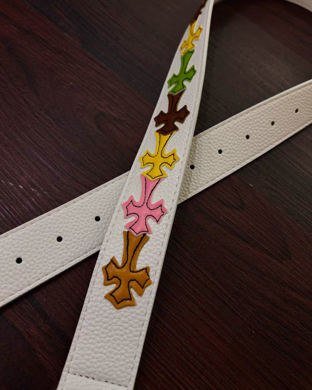 Multicolor Crosses White Leather Belt™
