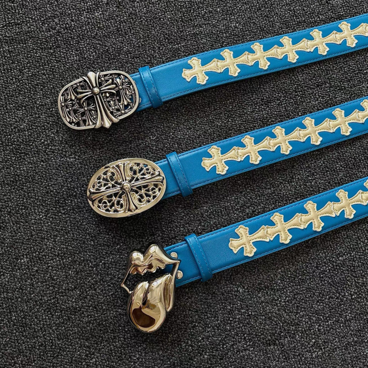White Crosses Blue Leather Belt™