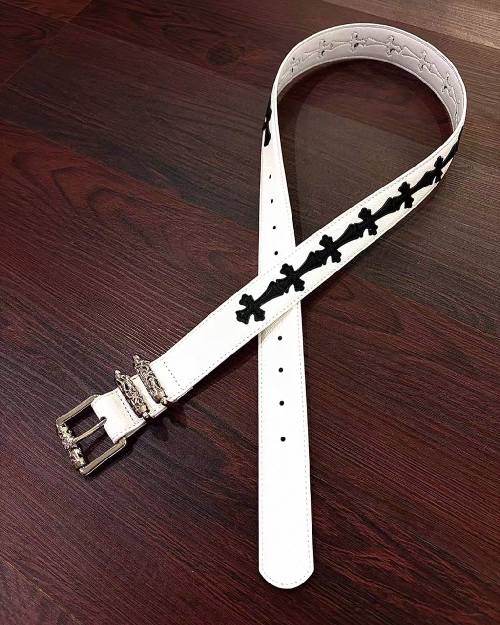Black Crosses White Leather Belt™