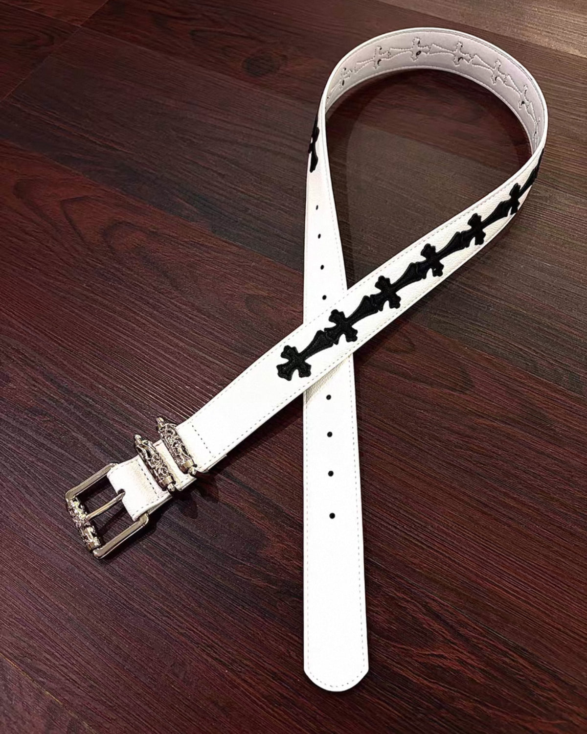 Black Crosses White Leather Belt™