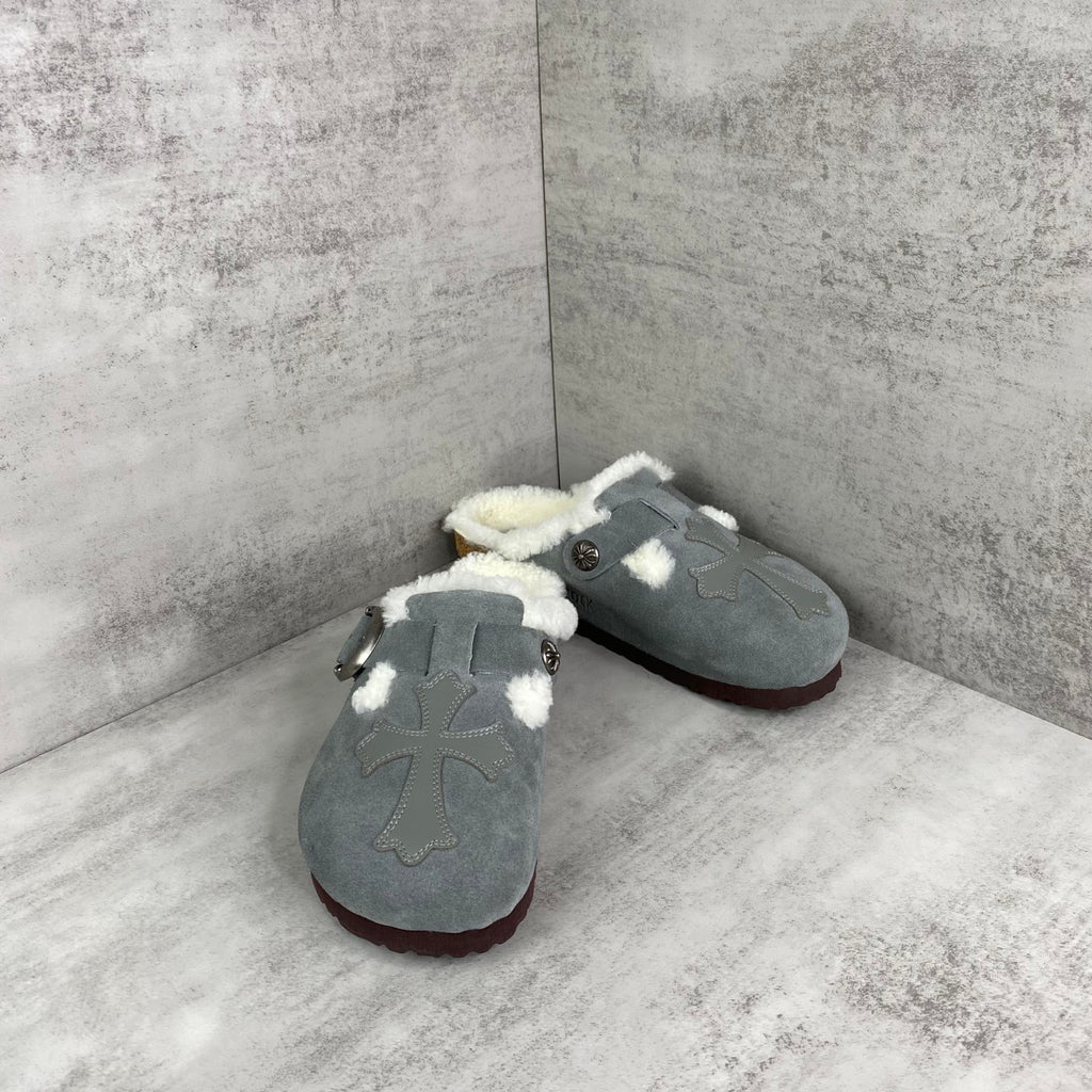 Grey Leather Cross White Fur Grey Suede Clog Slides™