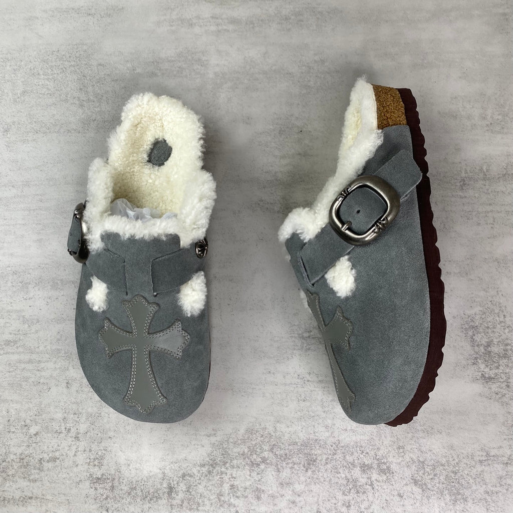 Grey Leather Cross White Fur Grey Suede Clog Slides™