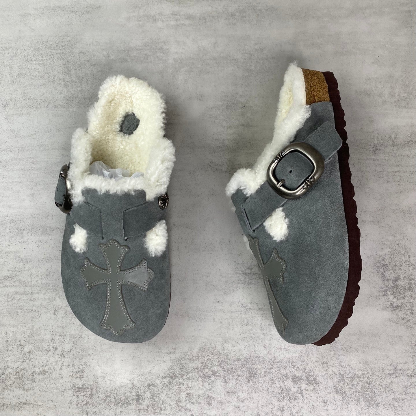 Grey Leather Cross White Fur Grey Suede Clog Slides™