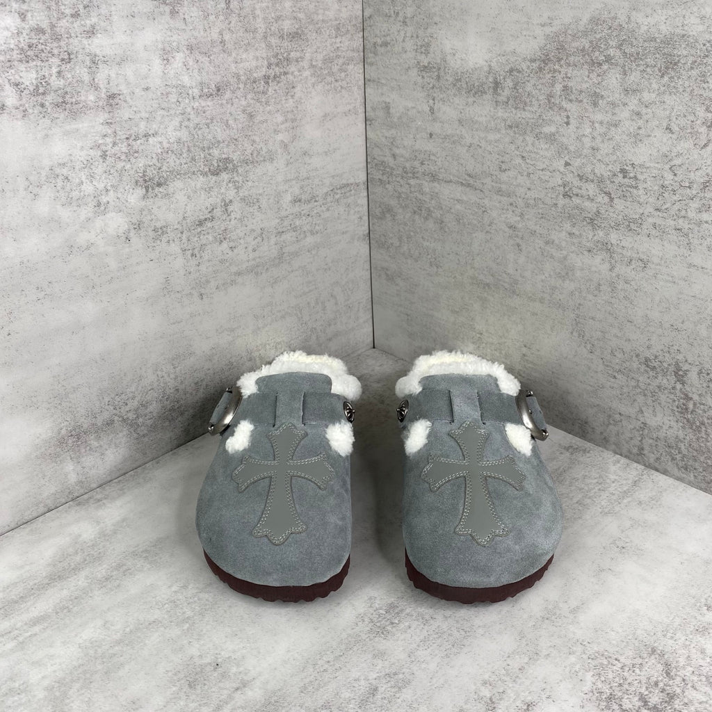 Grey Leather Cross White Fur Grey Suede Clog Slides™