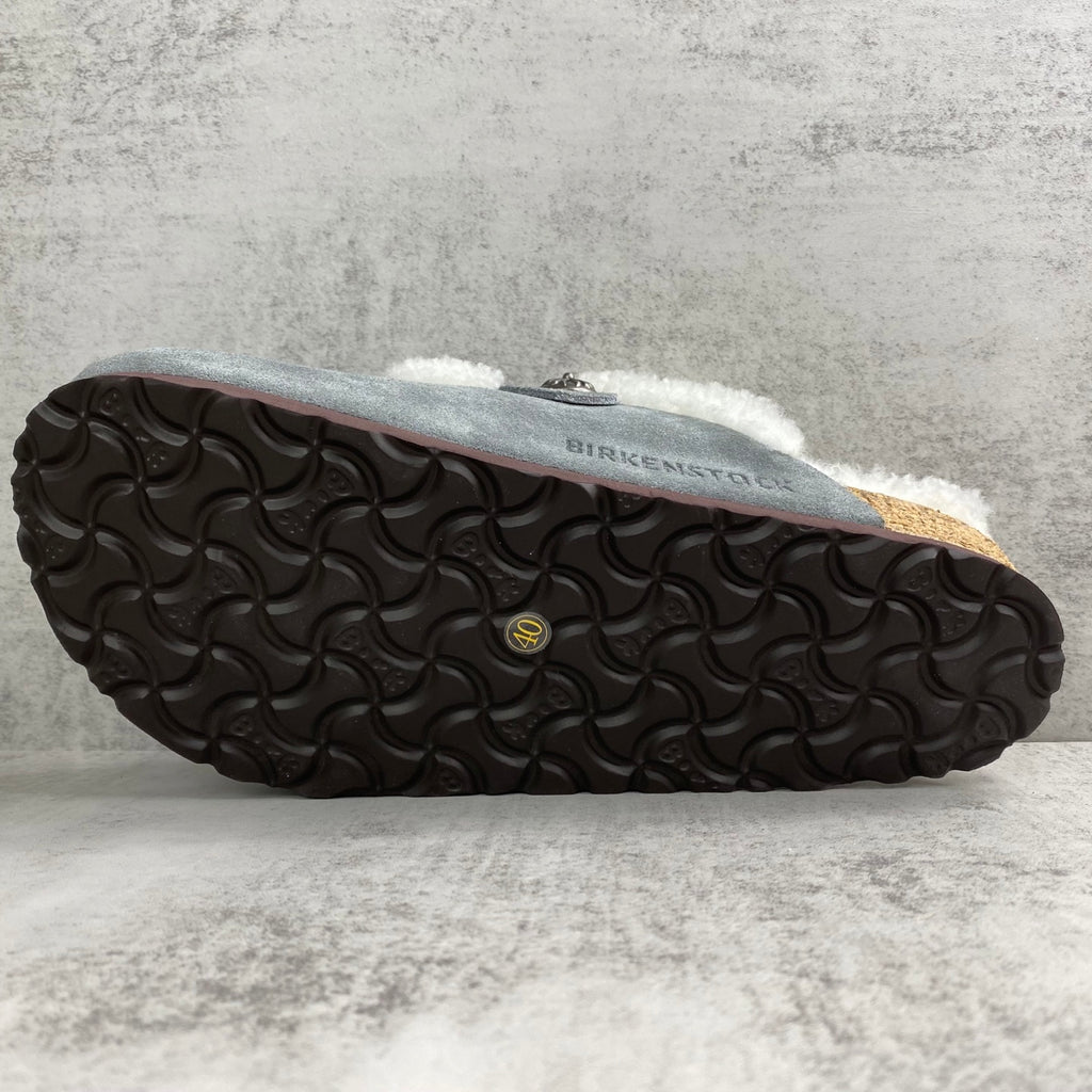 Grey Leather Cross White Fur Grey Suede Clog Slides™