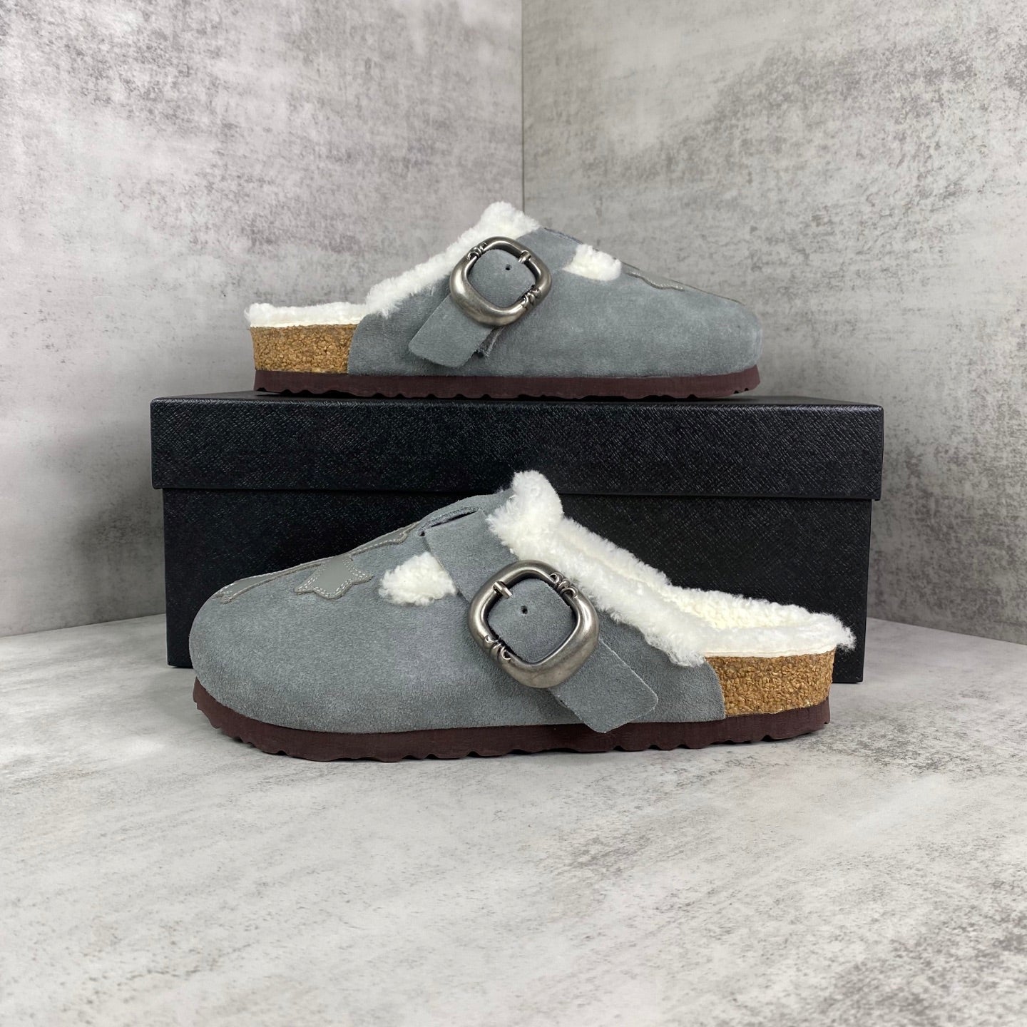 Grey Leather Cross White Fur Grey Suede Clog Slides™
