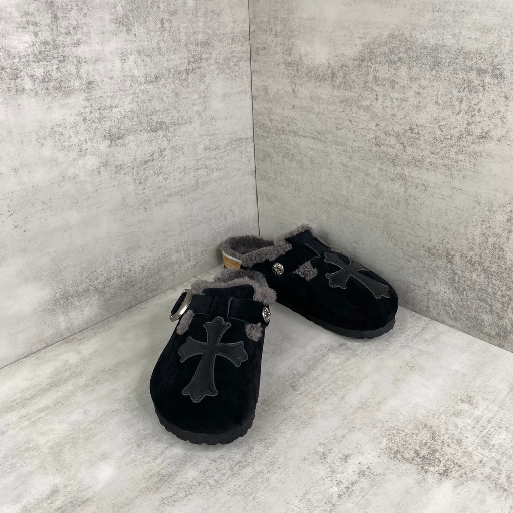 Black Leather Cross Grey Fur Black Suede Clog Slides™
