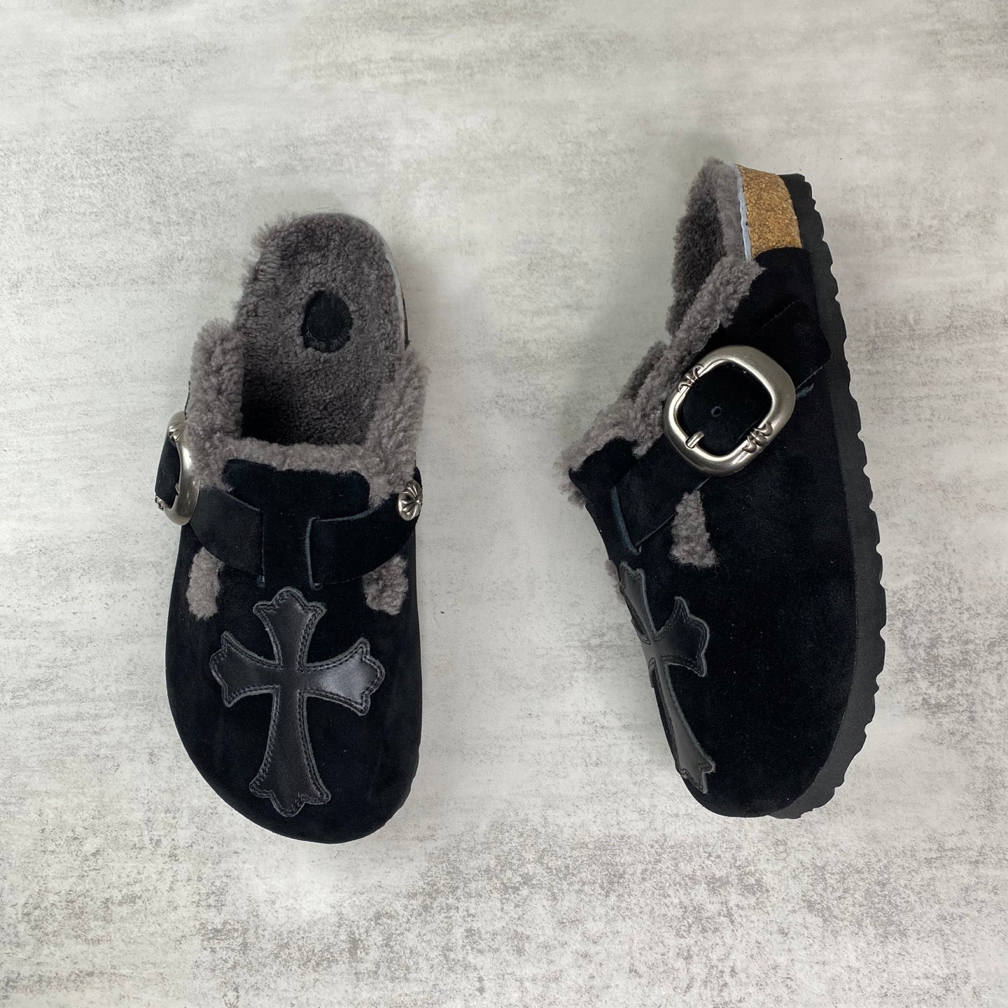 Black Leather Cross Grey Fur Black Suede Clog Slides™