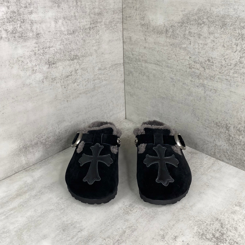 Black Leather Cross Grey Fur Black Suede Clog Slides™