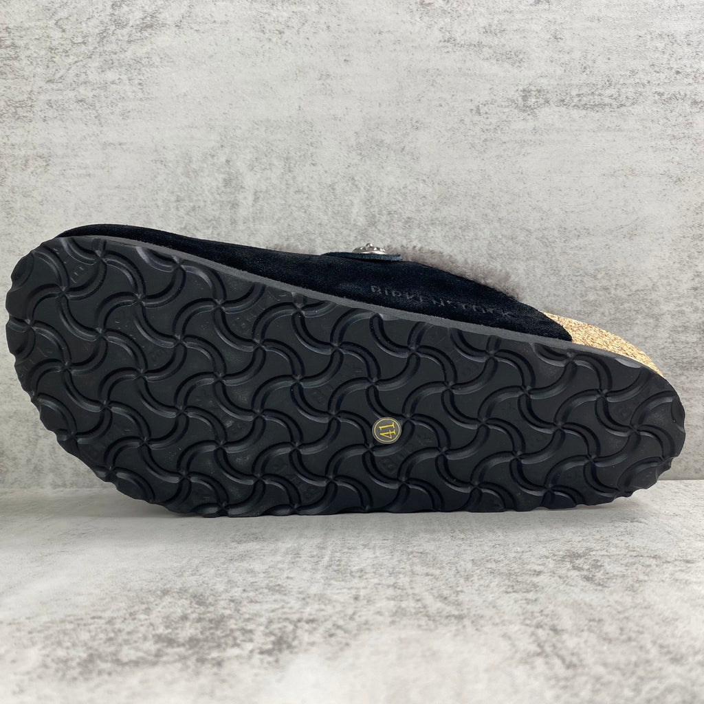 Black Leather Cross Grey Fur Black Suede Clog Slides™