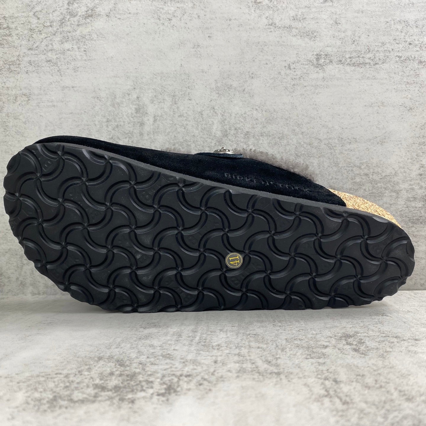 Black Leather Cross Grey Fur Black Suede Clog Slides™