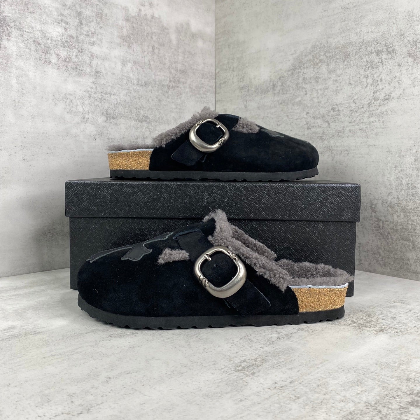 Black Leather Cross Grey Fur Black Suede Clog Slides™