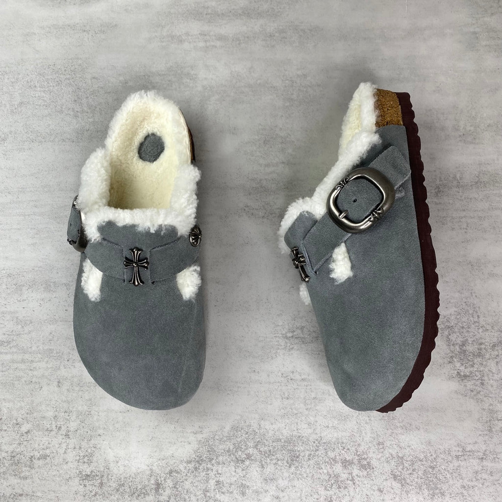 Metallic Cross White Fur Grey Suede Clog Slides™