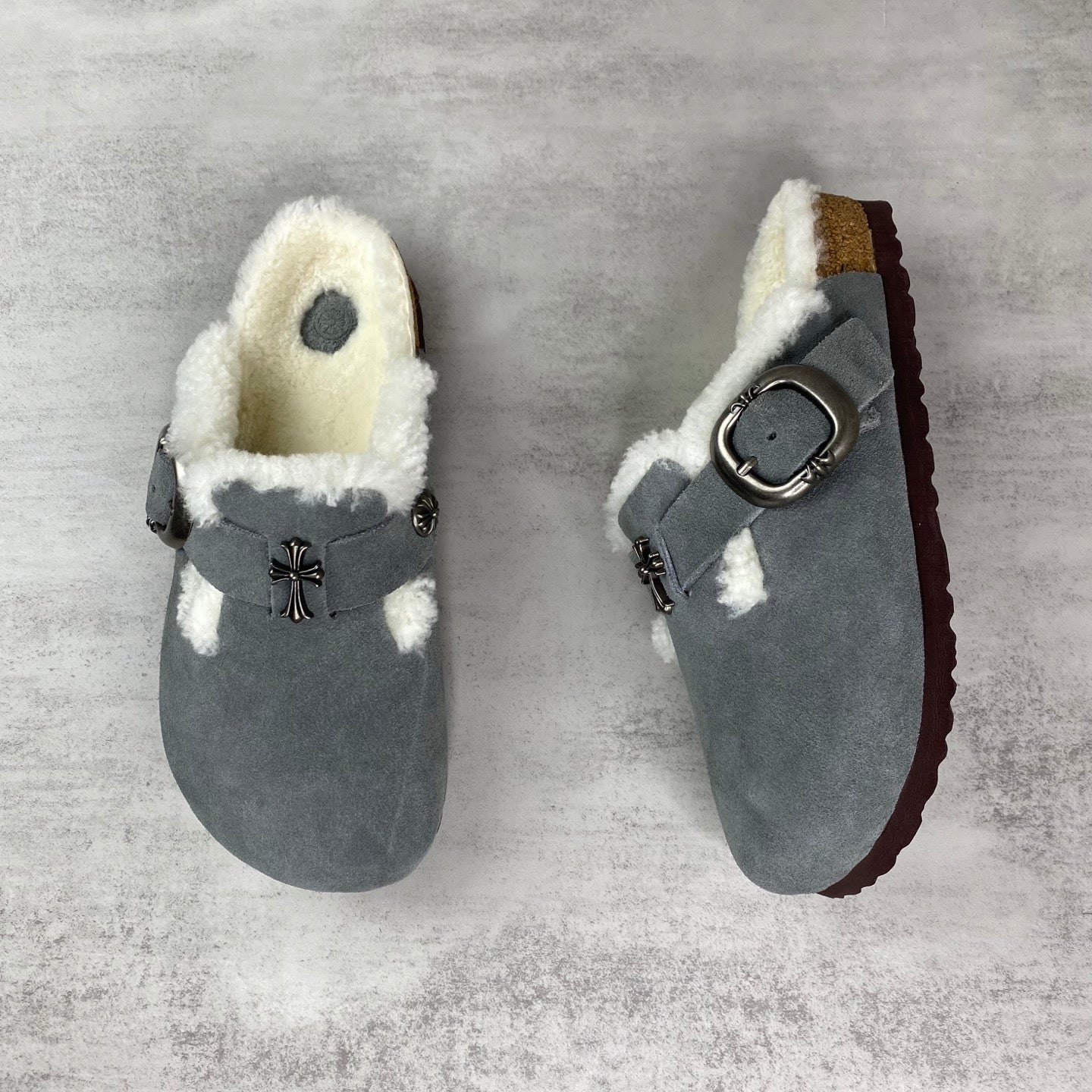 Metallic Cross White Fur Grey Suede Clog Slides™