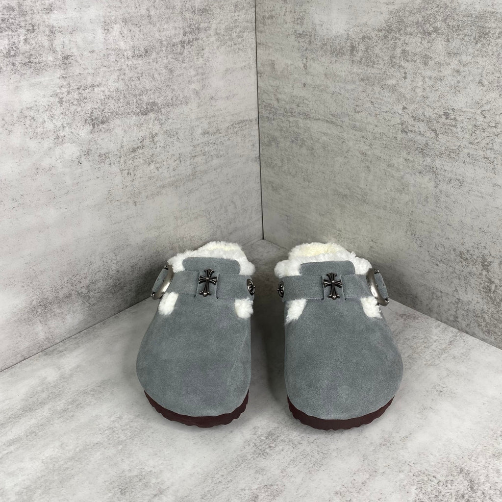 Metallic Cross White Fur Grey Suede Clog Slides™