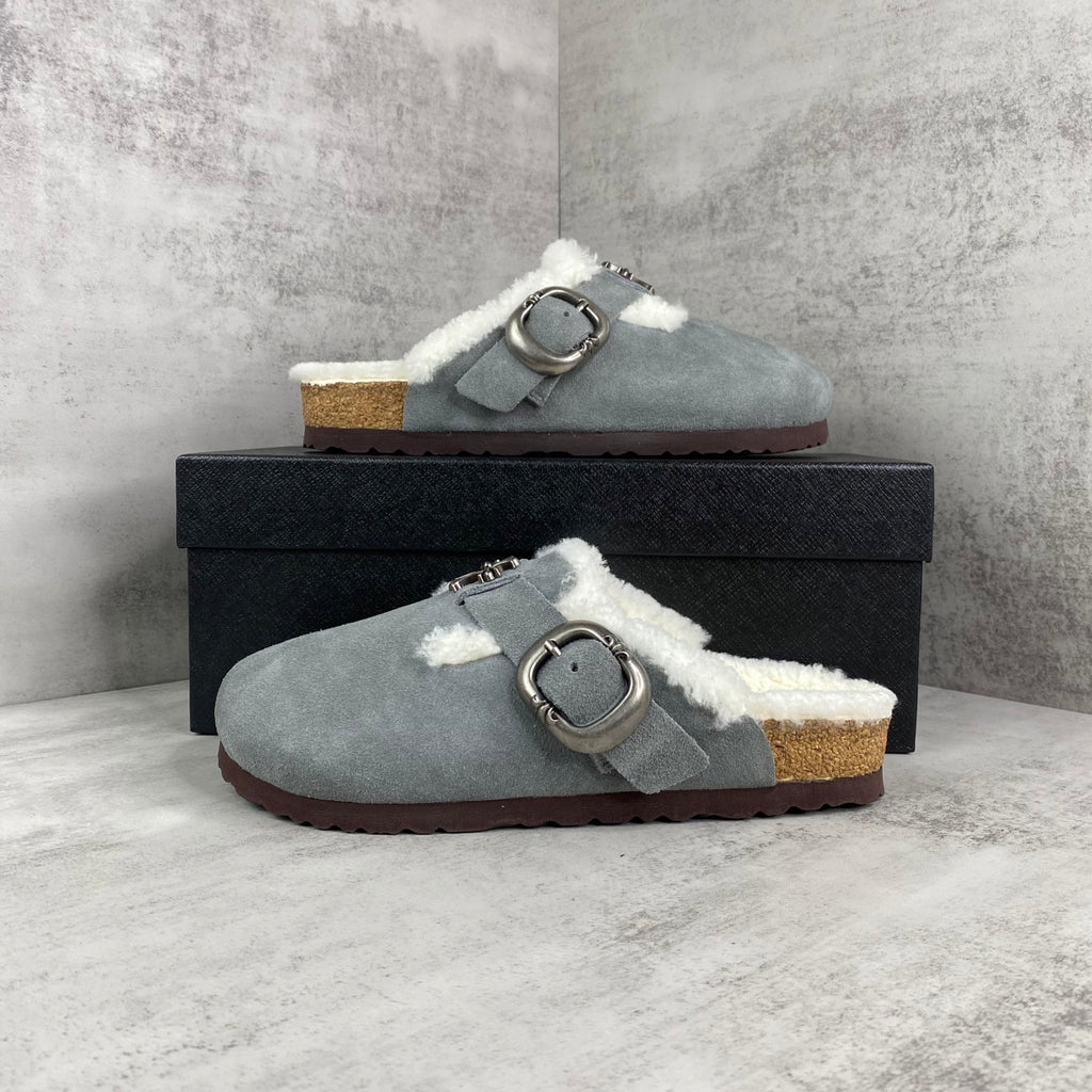 Metallic Cross White Fur Grey Suede Clog Slides™